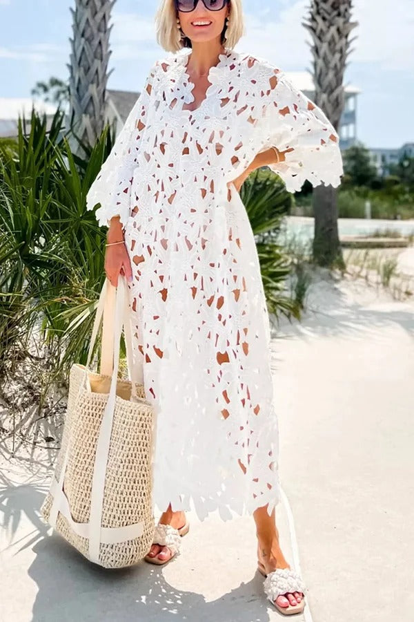 I Belong Here Floral Eyelet Lace Cover Up Beach Midi Dress - Fashionpara