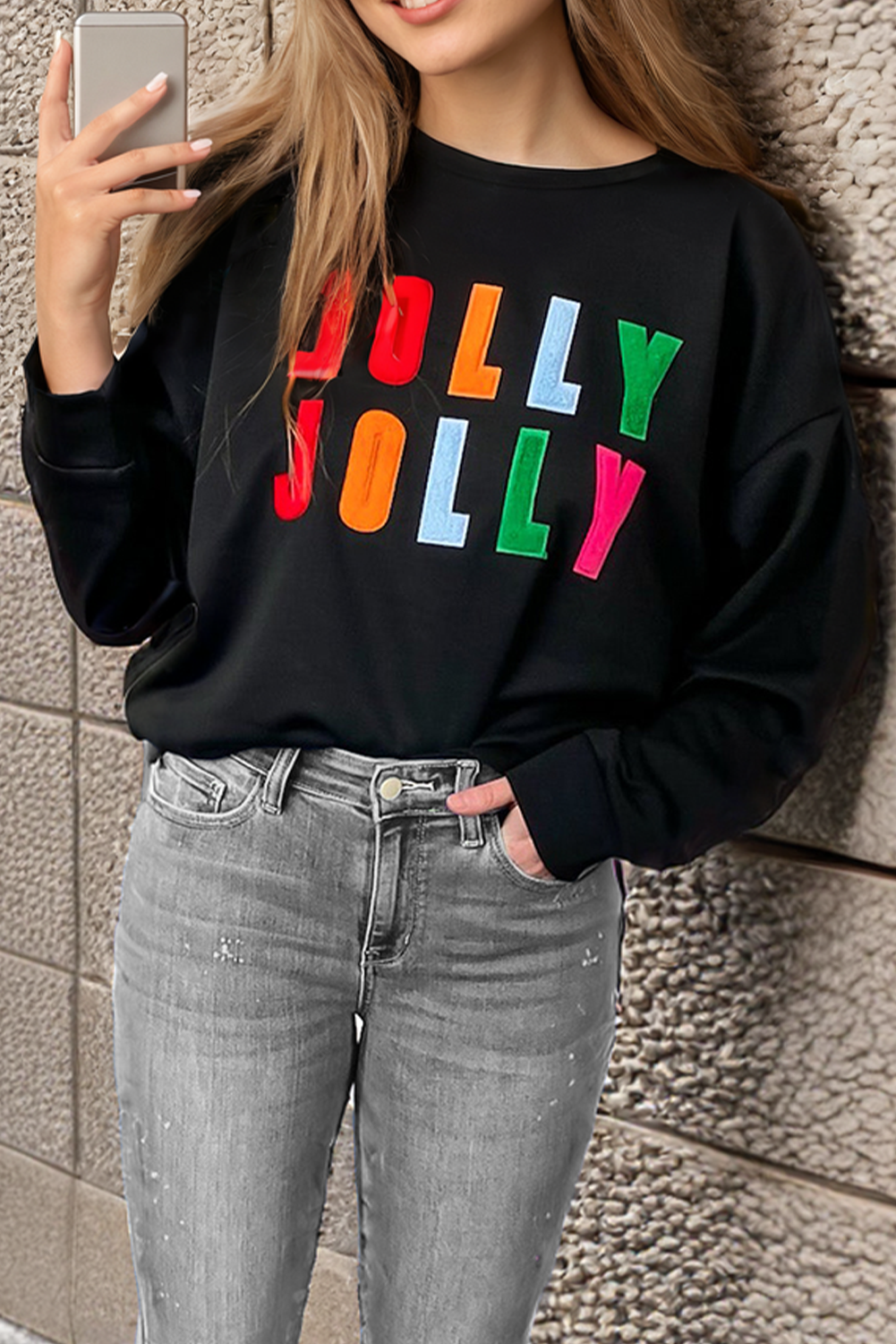 Bonbon Chenille Holly Jolly Graphic Long Sleeve Top