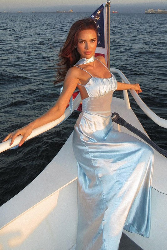 Satin Ruched Cutout Slip Maxi Dress