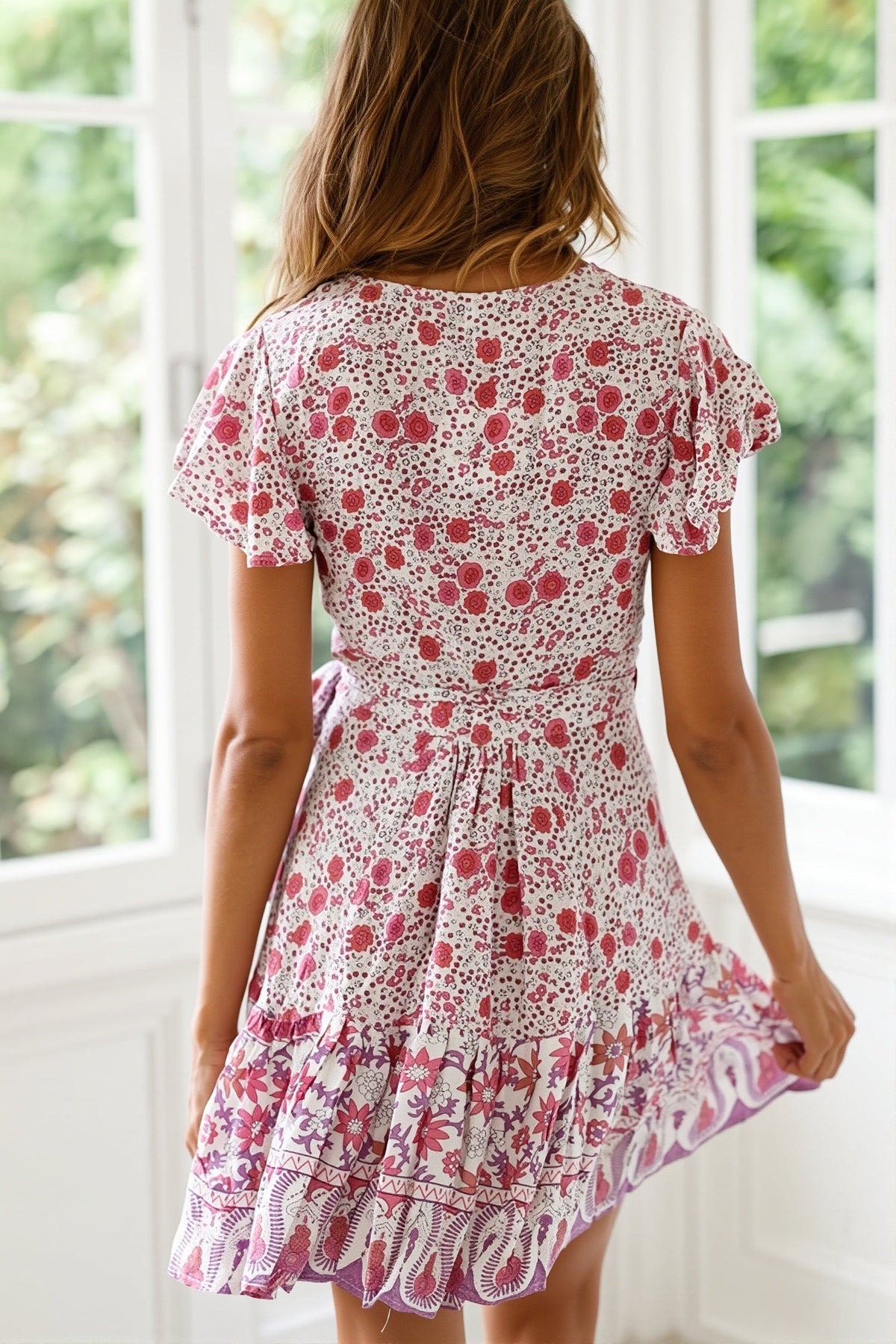 Floral Wrap V-Neck Flutter Sleeve Ruffle Mini Dress