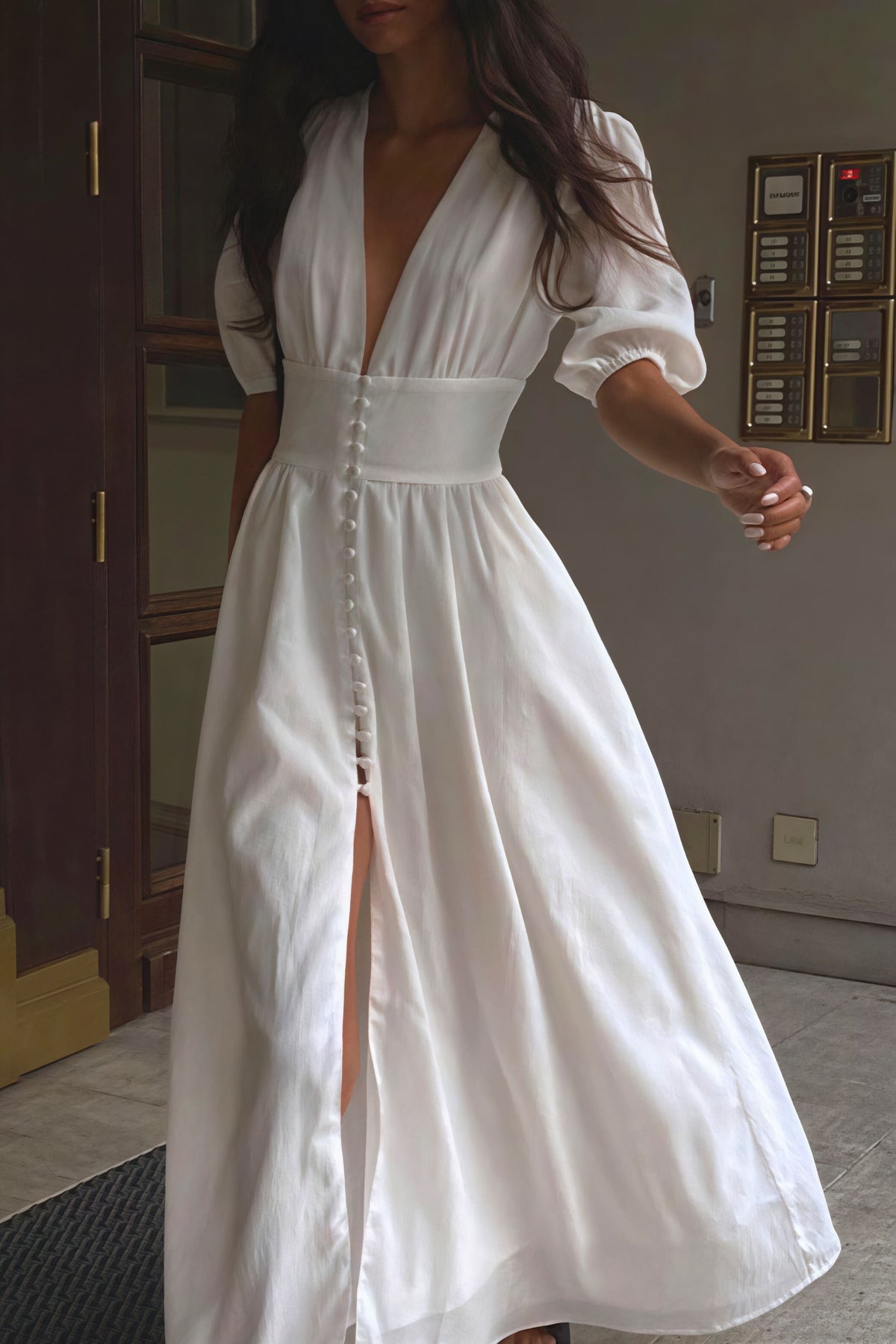 V-Neck Puff Sleeve Button Front A-Line Maxi Dress