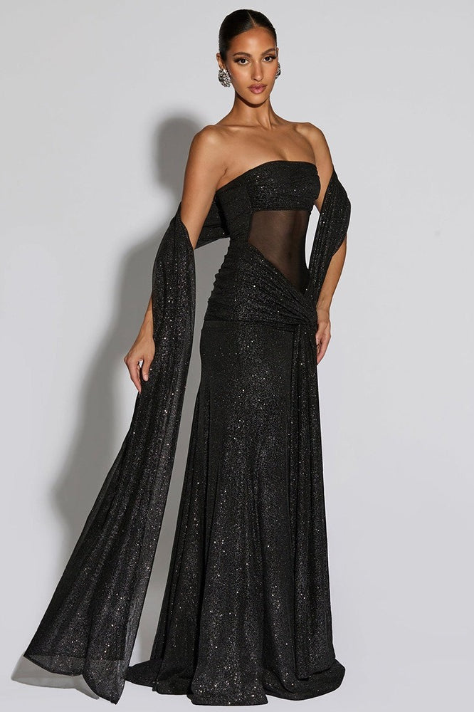 Glitter Off Shoulder Draped Twist Mermaid Gown 4