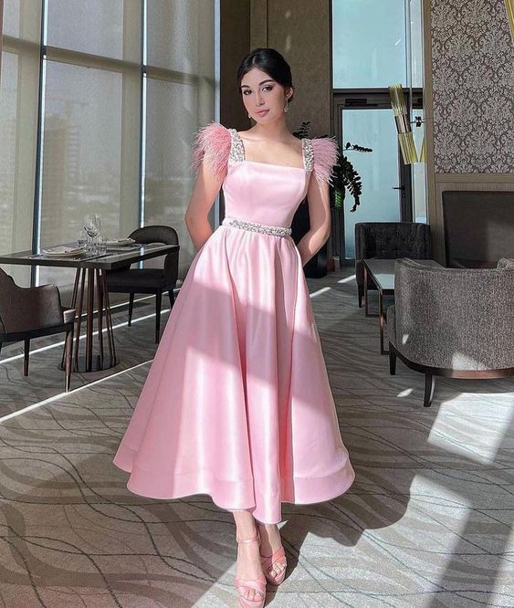 A Line Event Prom Night Dresses Satin Feather Sleeveless Evening Party Gowns Formal Occasion Dress - Fashionpara