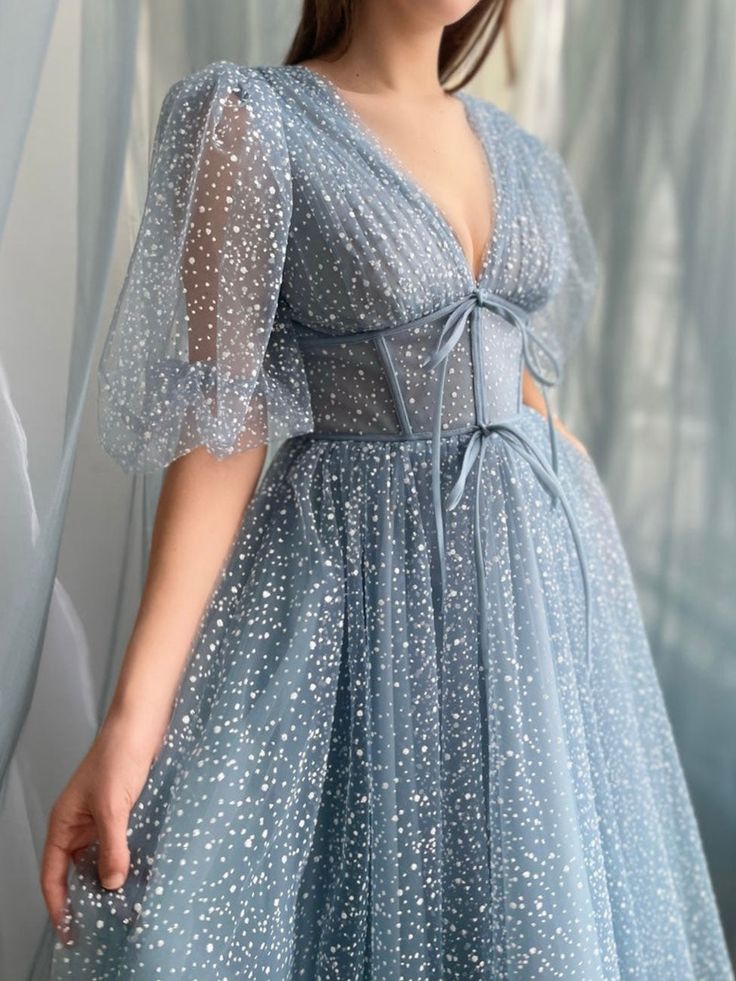 A line Tea Length Gray Blue Prom Dress, Gray Blue Formal Wedding Party Dress