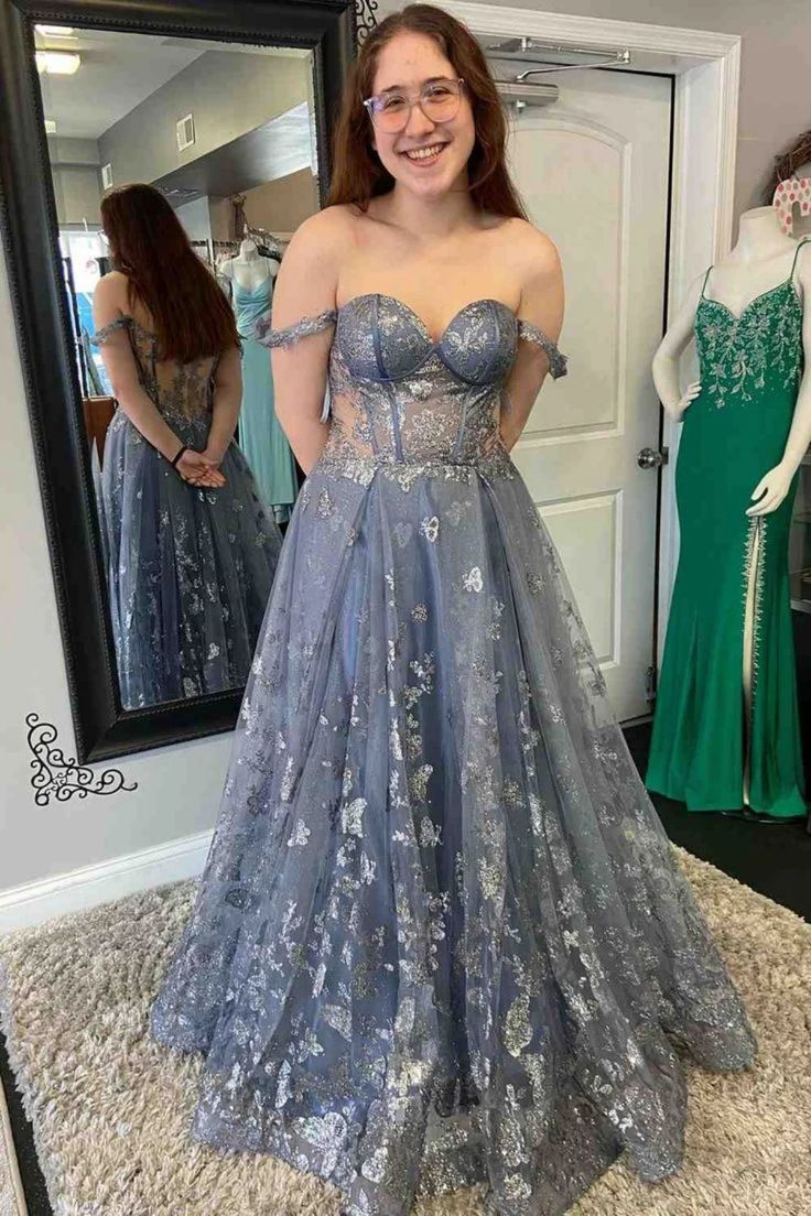 Off Shoulder Smoke Gray Lace Long Prom Dress, Smoke Gray Lace Formal Graduation Evening Dress - Fashionpara