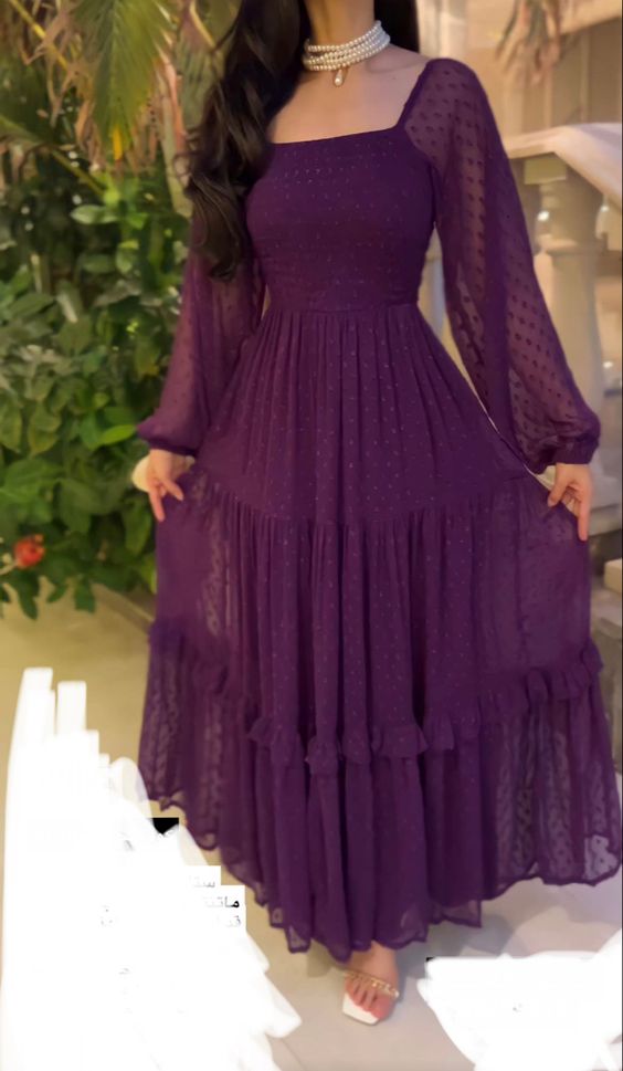 Elegant Formal Purple Evening Dress Polka Dots Prom Gown - Fashionpara