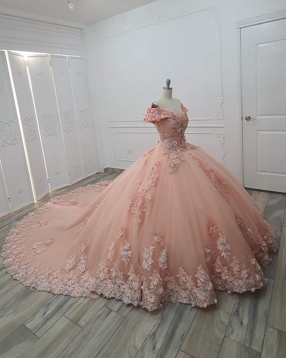 Pink Floral Appliques Lace Ball Gown Quinceanera Dresses Off The Shoulder 3D Flowers Beading Corset Sweet 15 Girls Party Dress - Fashionpara