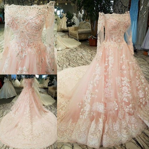 Modest Wedding Dress Long Sleeve Lace Applique Classic A-Line Wedding Dress Pink Bridal Dress With Train