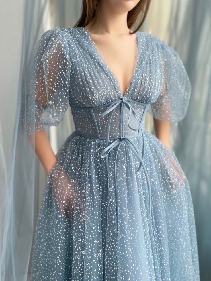 A line Tea Length Gray Blue Prom Dress, Gray Blue Formal Wedding Party Dress