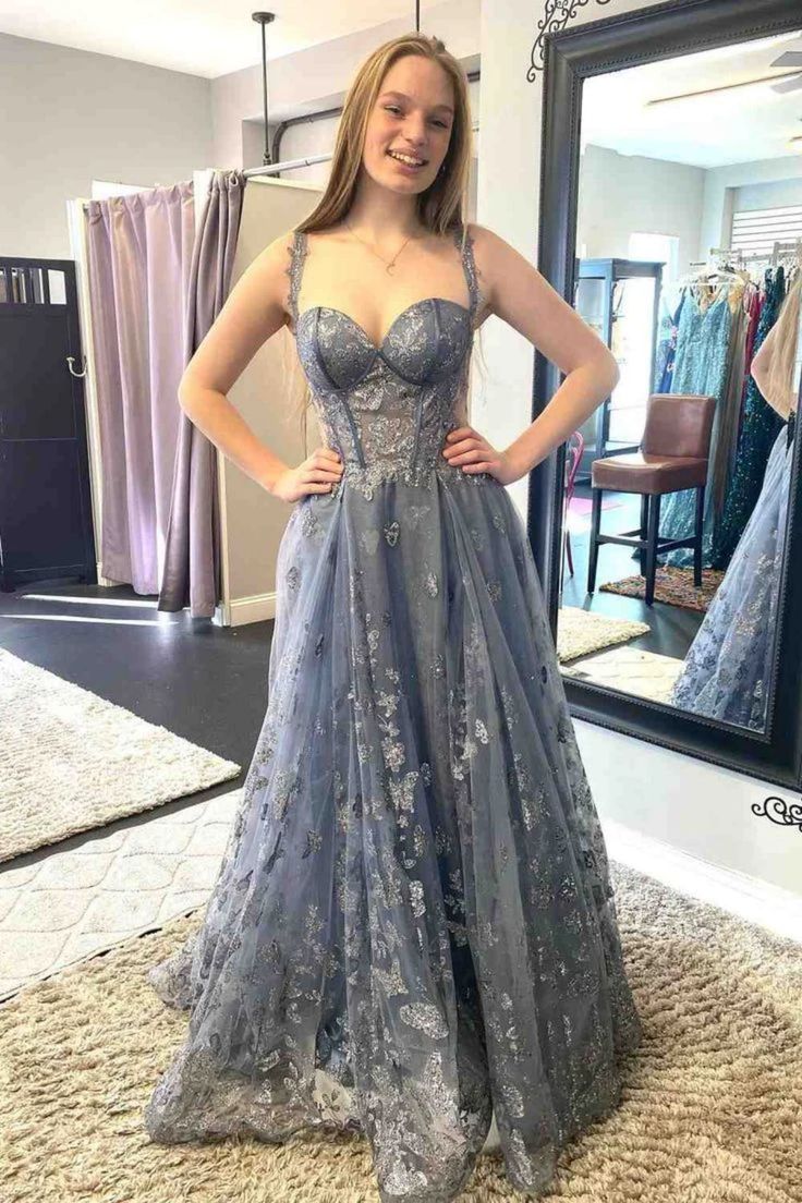 Off Shoulder Smoke Gray Lace Long Prom Dress, Smoke Gray Lace Formal Graduation Evening Dress - Fashionpara