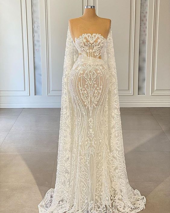 Ivory lace Mermaid Prom Dresses Party Gowns Wedding Dress(Lining inside, will not be see through)