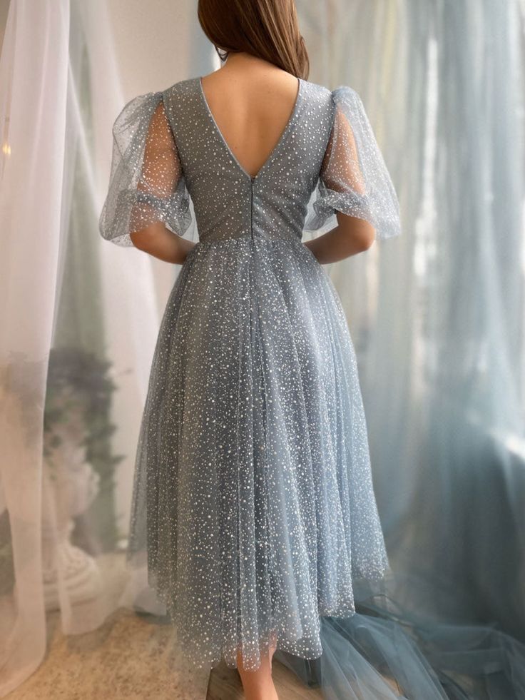 A line Tea Length Gray Blue Prom Dress, Gray Blue Formal Wedding Party Dress