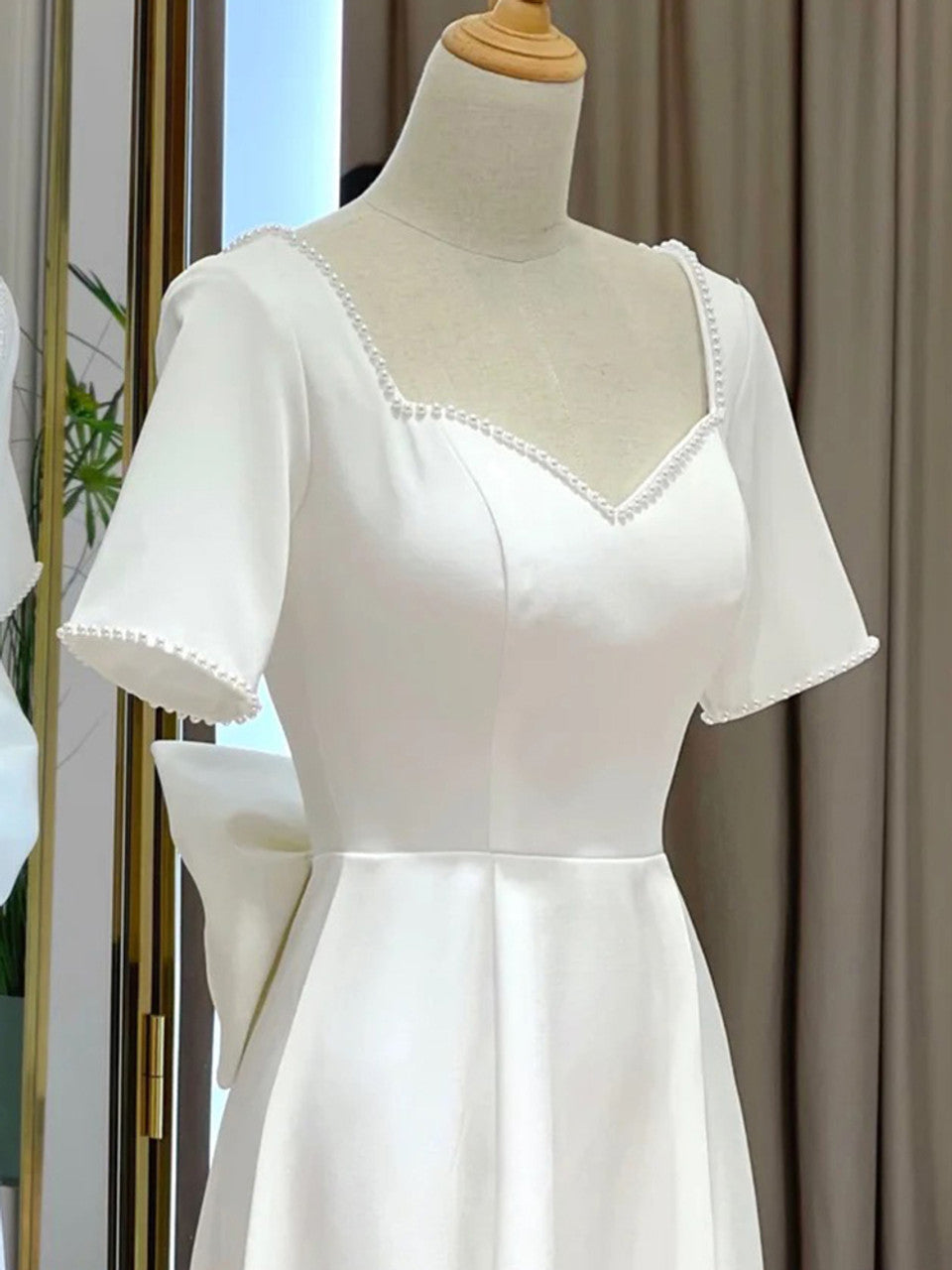White Satin Short Sleeve Short Wedding Dress
