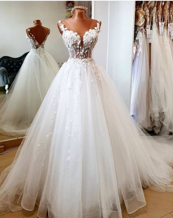 White V neck Long Fashion Wedding Dress