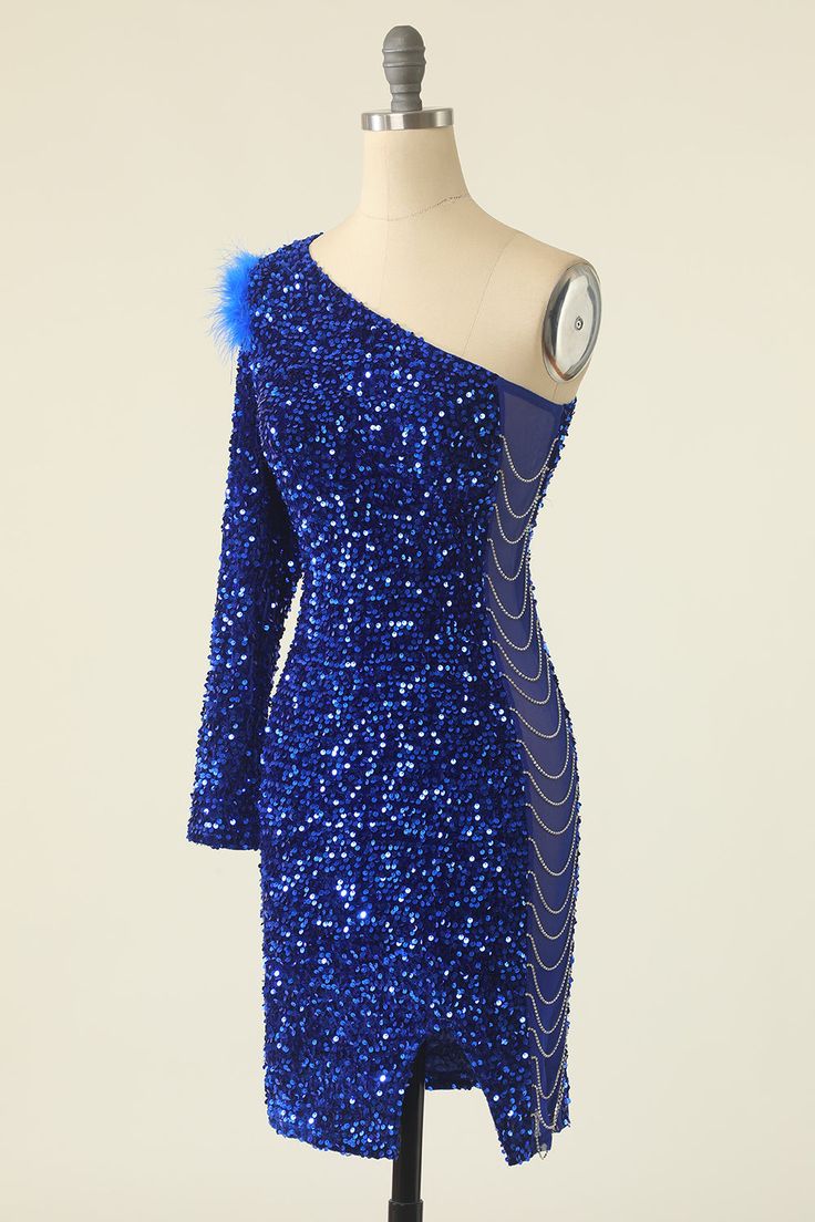 One Shoulder Sequined Cocktail Dress With Feathers - Fashionpara