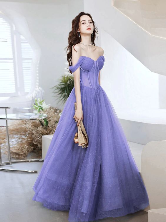 Purple Sweetheart Neck Tulle Long Prom Dress, Purple Formal Evening Graduation Dress - Fashionpara