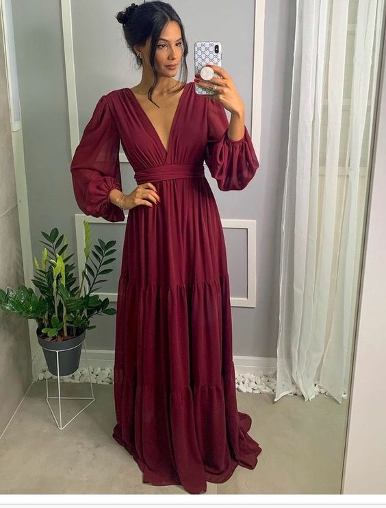 Burgundy Long Prom Dress, Formal Evening Graduation Dress - Fashionpara