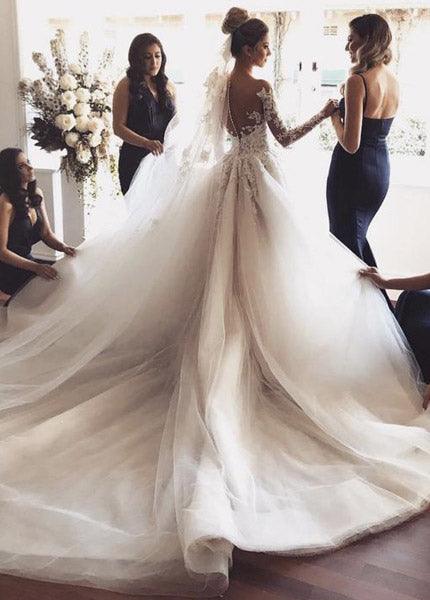 Illusion Jewel Neck Long Sleeves Sweep Wedding Dress With Appliques