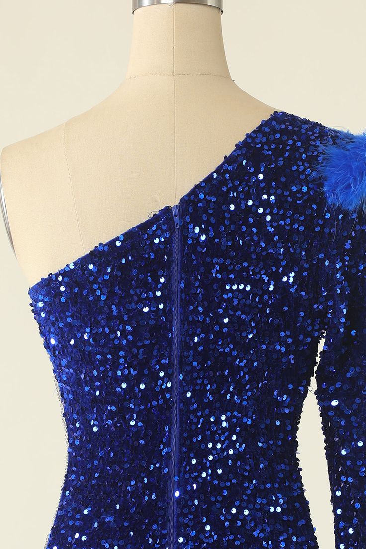 One Shoulder Sequined Cocktail Dress With Feathers - Fashionpara