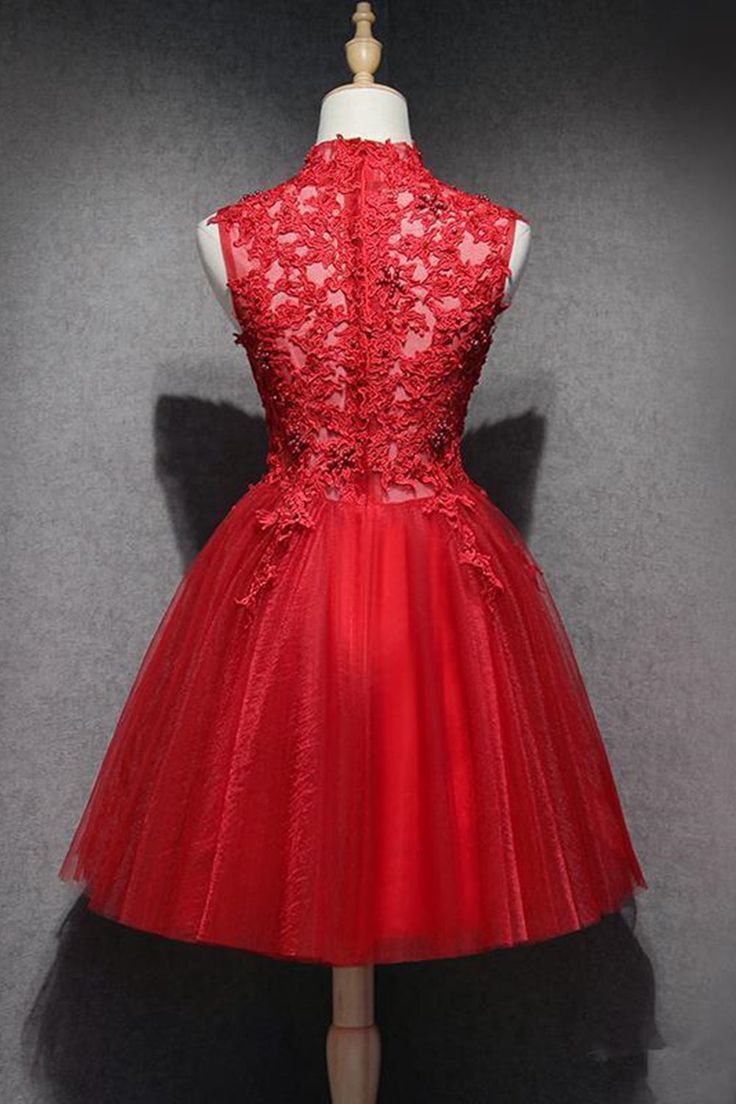 High Neck Red Lace Short Prom Dress, Red Lace Homecoming Dress, Red Formal Graduation Evening Dress - Fashionpara