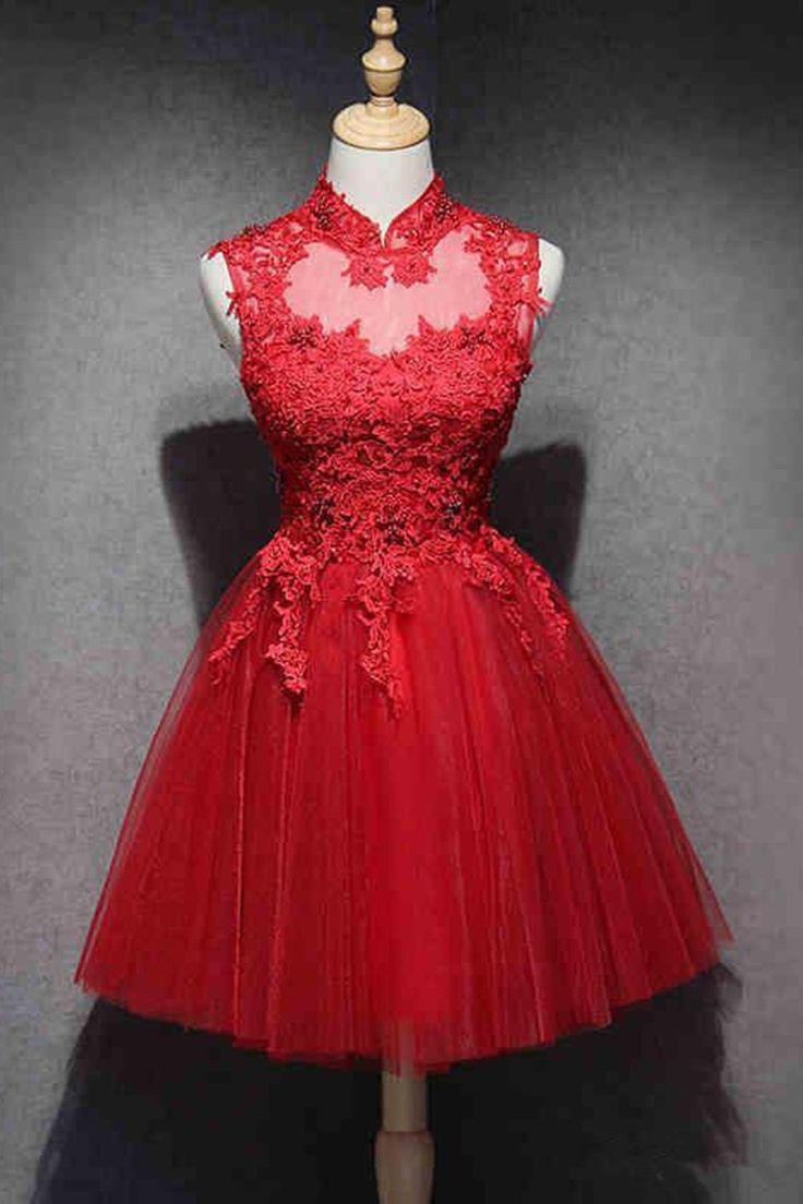 High Neck Red Lace Short Prom Dress, Red Lace Homecoming Dress, Red Formal Graduation Evening Dress - Fashionpara
