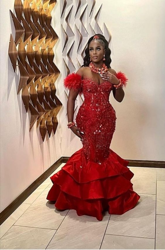Luxury Red Mermaid Aso Ebi Prom Dresses Feathers Cap Sleeves Cryatals Beaded Tiered Ruffles Plus Size Women Evening Gowns - Fashionpara