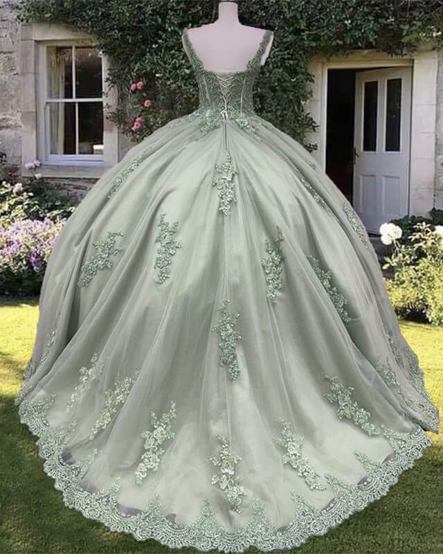 Sage Corset Ball Gown Appliques Tulle Prom Dress - Fashionpara