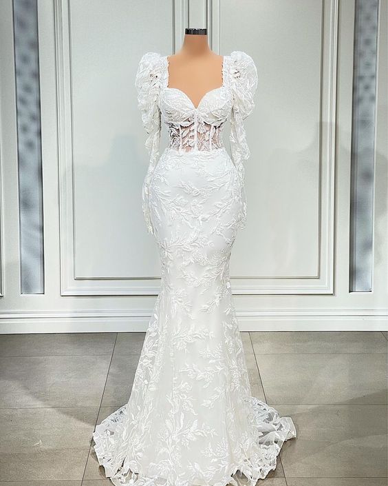 White Mermaid Long Sleeves Wedding Dress