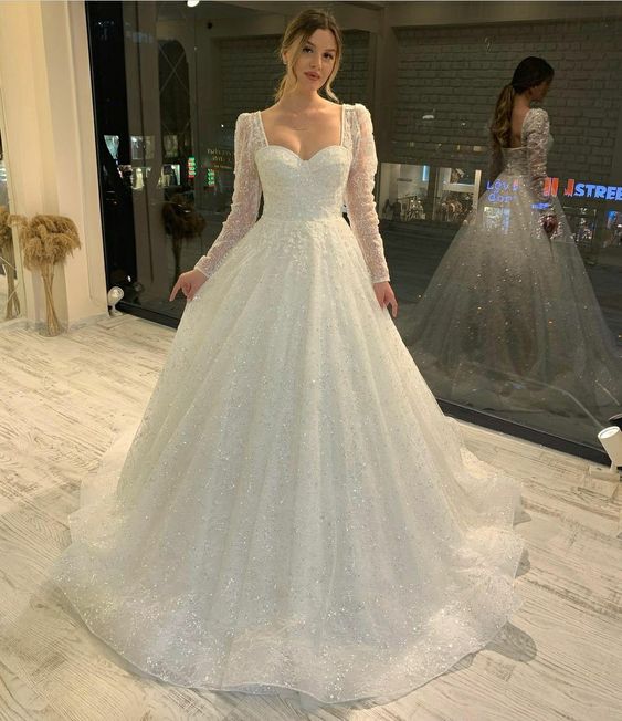 White Tulle A line Long Ball Gown Wedding Dress