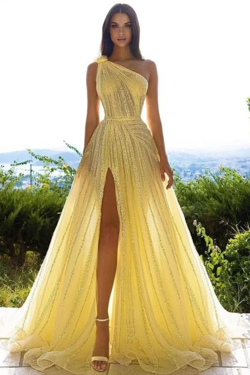 GLITTERING ONE SHOULDER DAFFODIL SEQUINS PROM DRESS LONG SPLIT ONLINE - Fashionpara