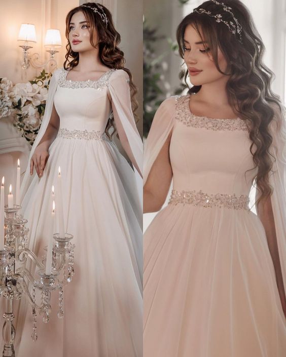 Boho Square Neck Wedding Dress with Sparkling Stone Crystals Cape Features Chiffon Sleeves Formal Event Gown