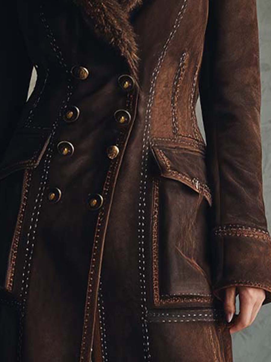 Vintage Brown Eco-Suede Coat with Full Shearling Lining and Fur Collar - Fashionpara