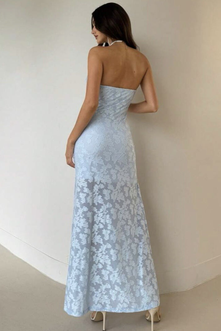 Strapless High Split Lace Dress in Blue - View 7