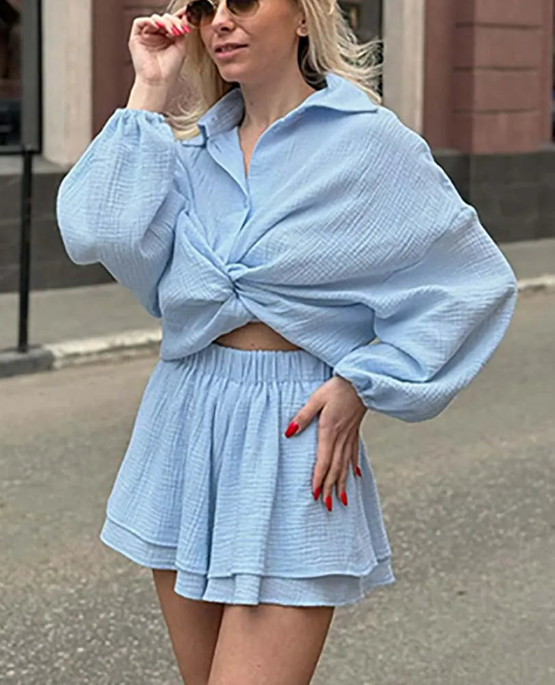 Blue Cotton Single Breasted Shorts Office Two Piece Set