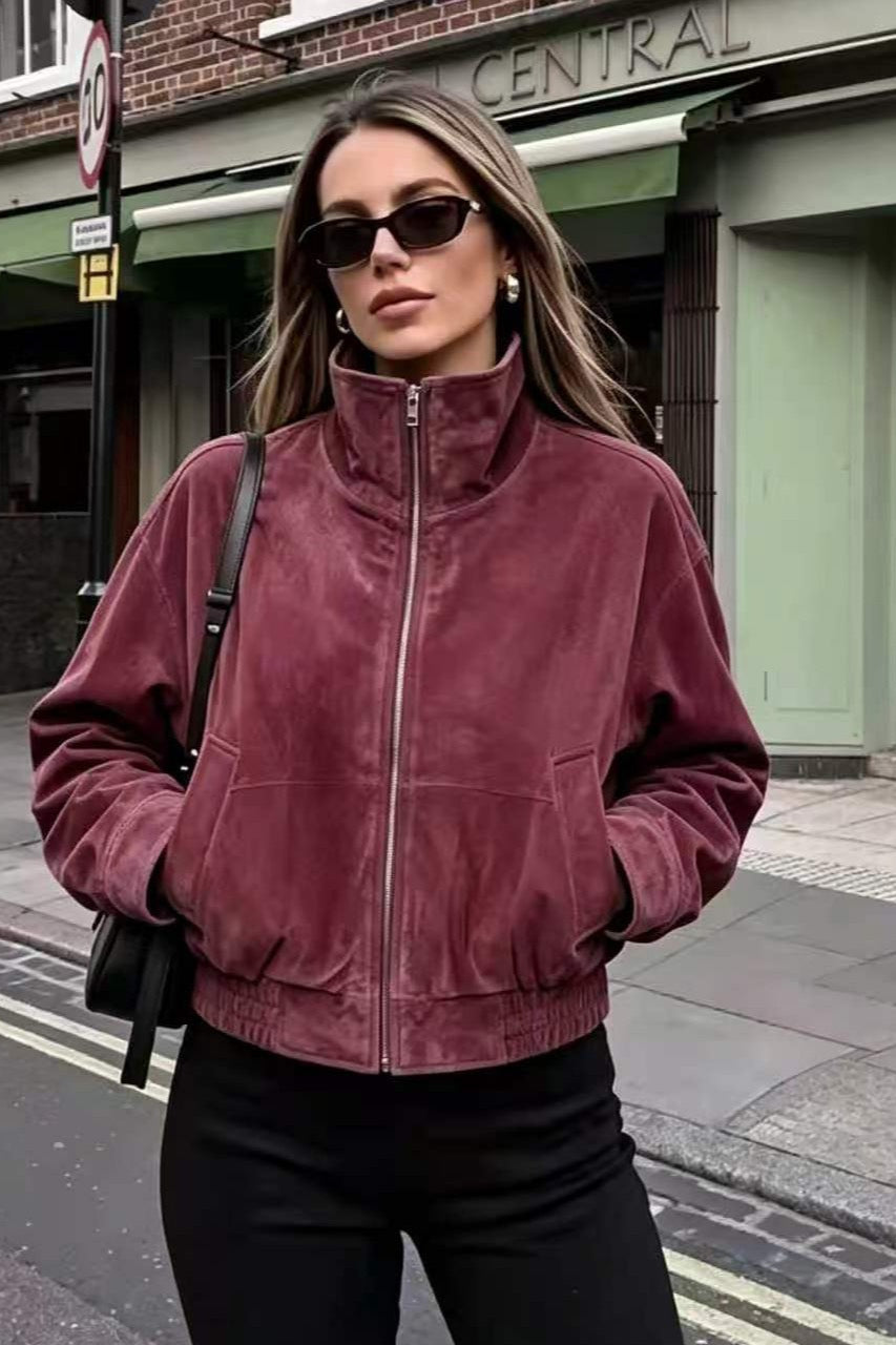 Burgundy Stand Collar Zip Jacket 4