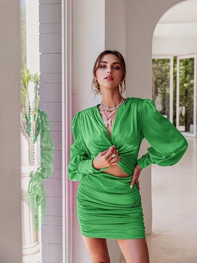 Satin V-Neck Lantern Sleeve Cutout Bodycon Mini Dress 2