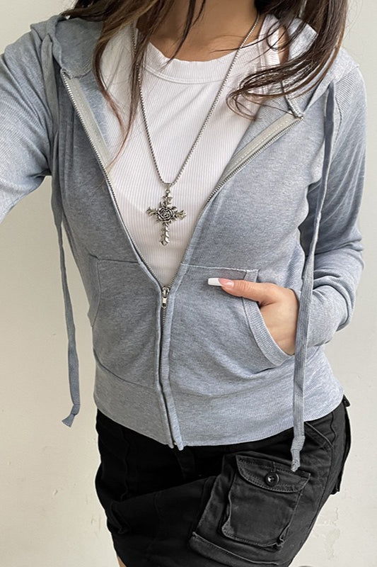 Gray Hooded Zip-Up Cropped Hoodie 5