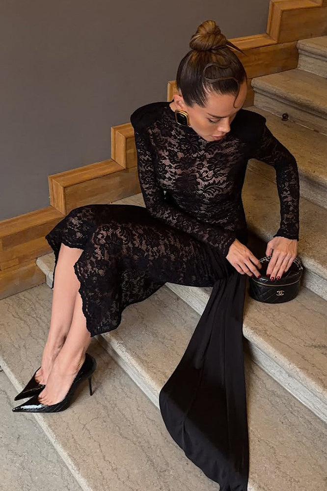 Lace High Neck Long Sleeve Ruched Bodycon Maxi Dress 8