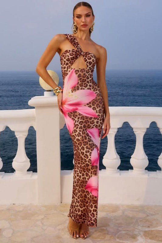 Floral Animal Print One Shoulder Cutout Bodycon Maxi Dress