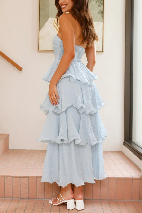 Pure Color Sexy Tube Top Backless Multi-layered Maxi Dress - Fashionpara