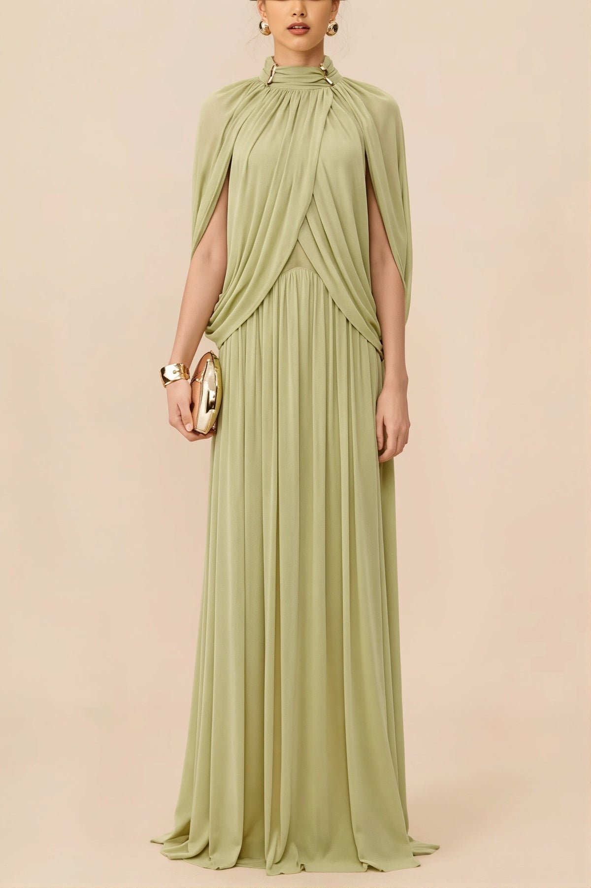 Chiffon Cape Sleeve High Neck Maxi Gown
