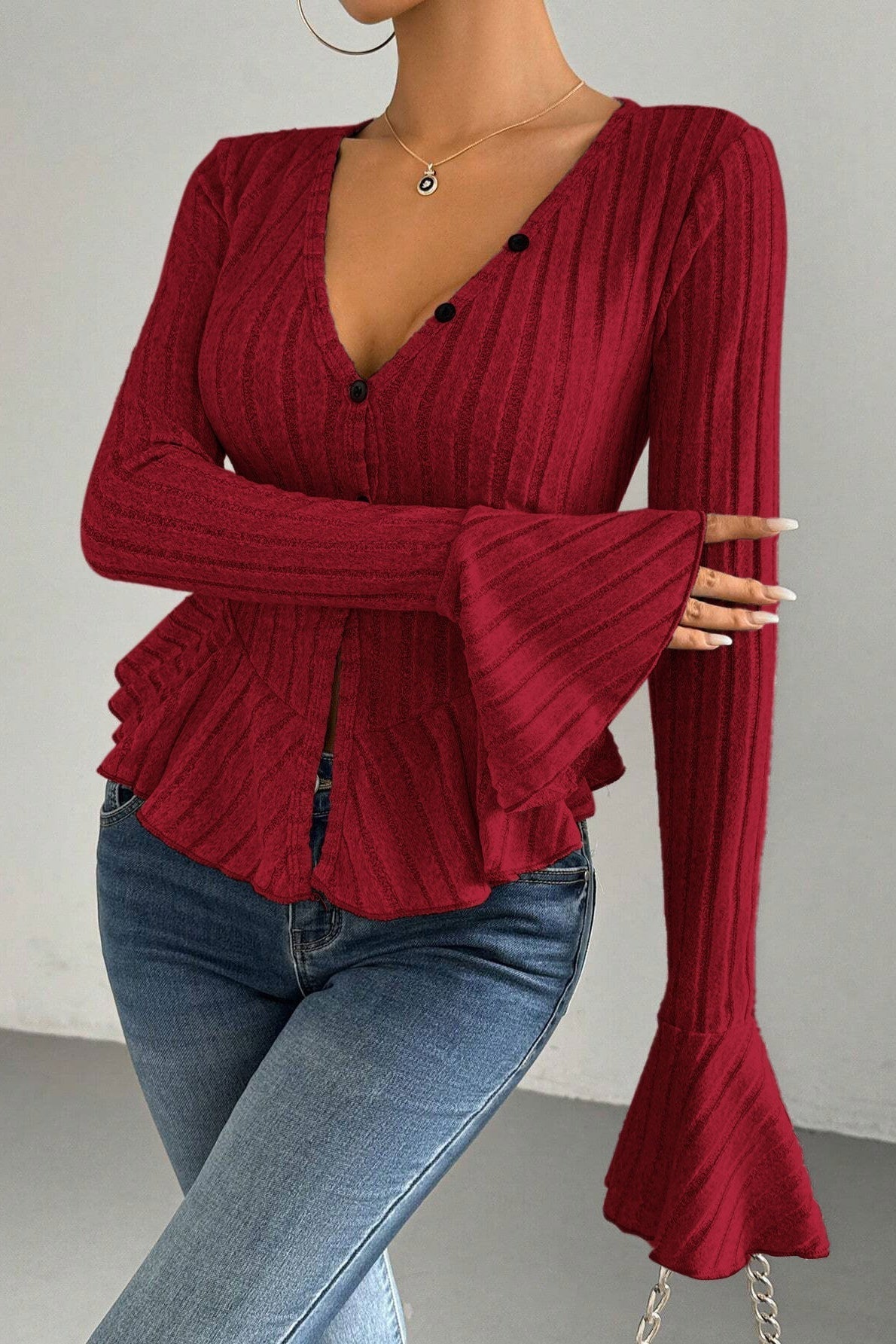 Flounced V-Neck Bodycon Knit Top