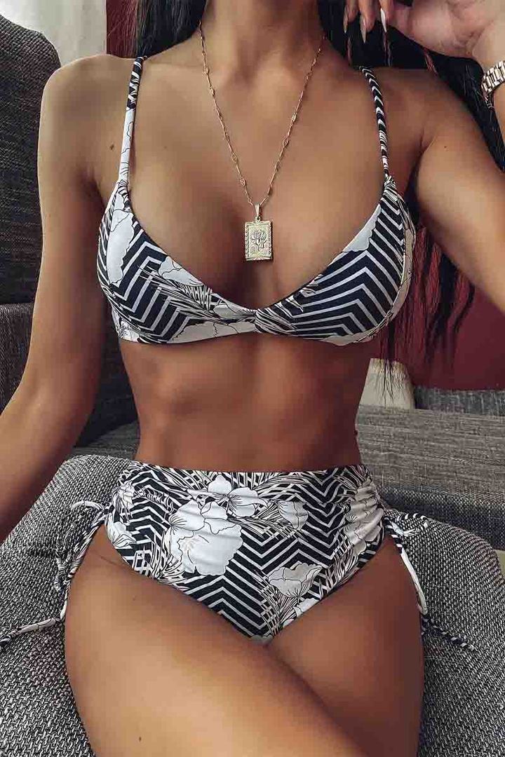 Striped Floral Print Two pieces Black Swimsuit - Fashionpara