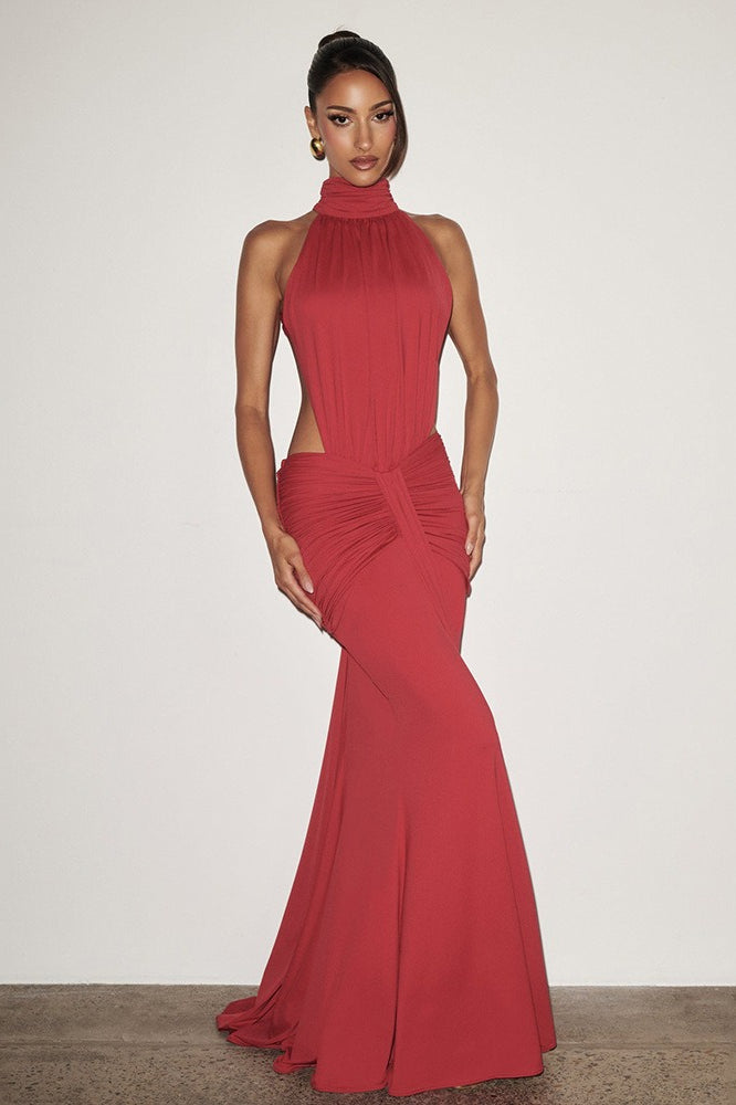 High Halter Neck Backless Ruched Mermaid Gown