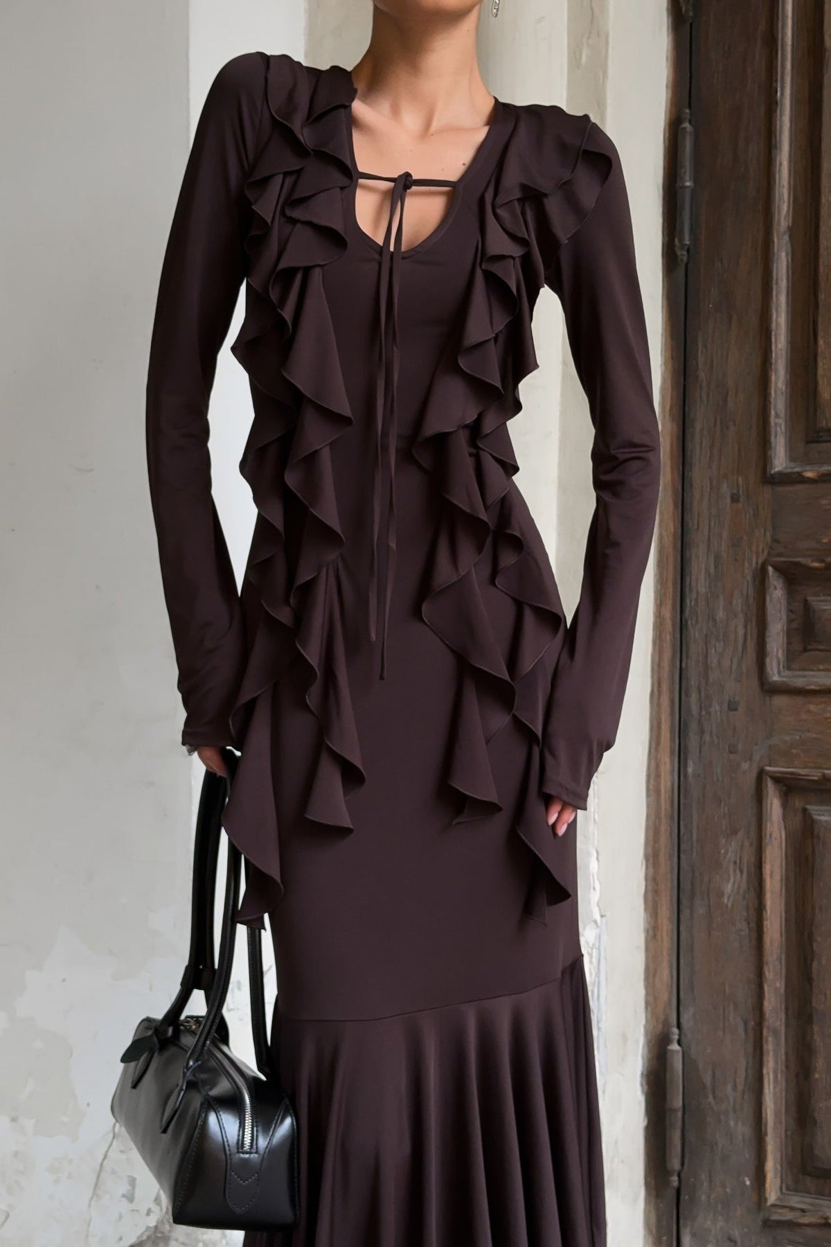 Ruffle Tie-Front Long Sleeve Fishtail Maxi Dress 3