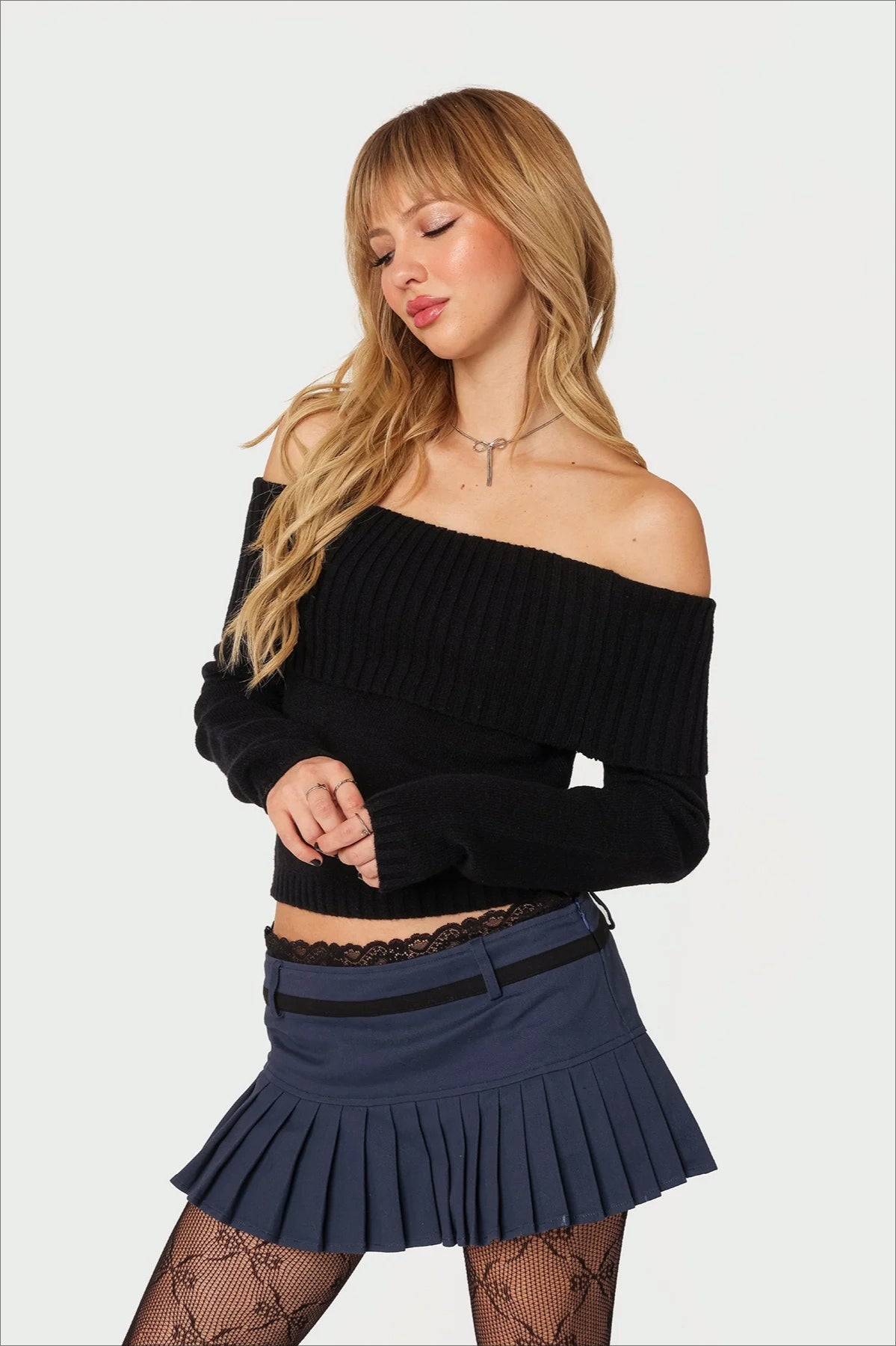 Solid Color Off-Shoulder Boat Neck Long-Sleeve Knit Top 14