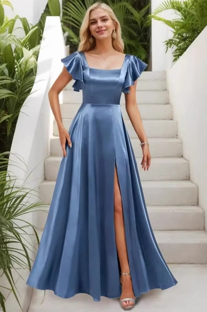 Square Neck Flutter Sleeve Satin High Split A-Line Maxi Dress