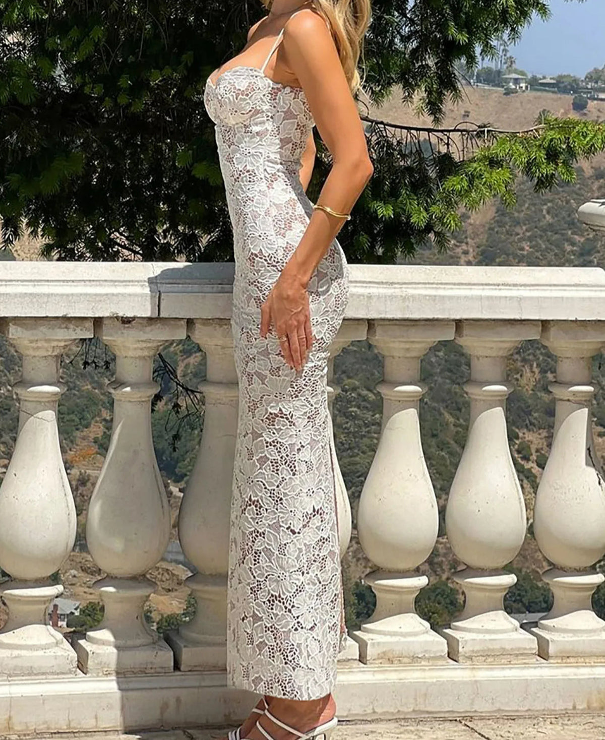 Mesh Patchwork Slit Maxi Floral Dress - View 2