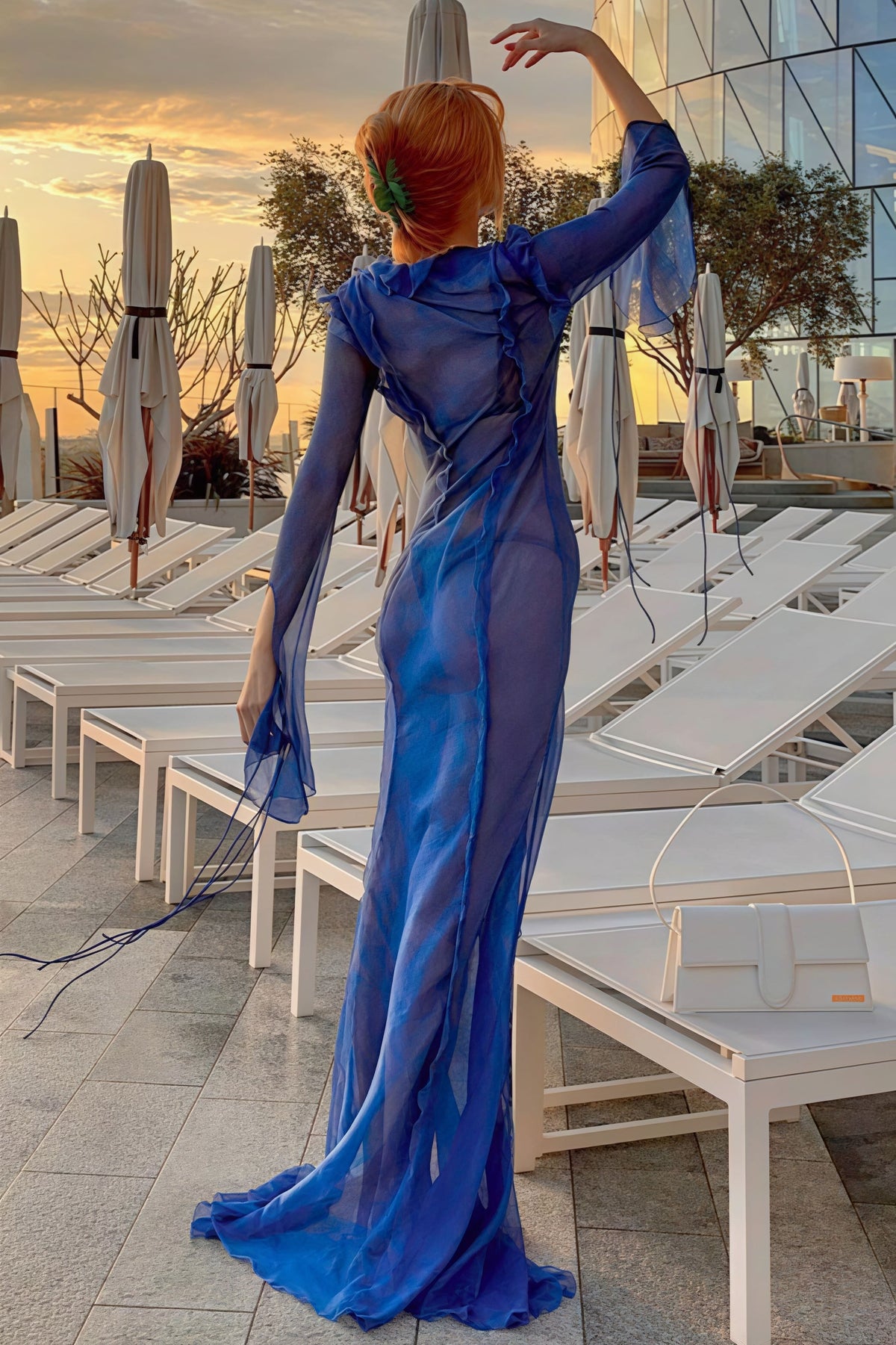 Sheer Organza Plunge Long Sleeve High Split Maxi Dress 3