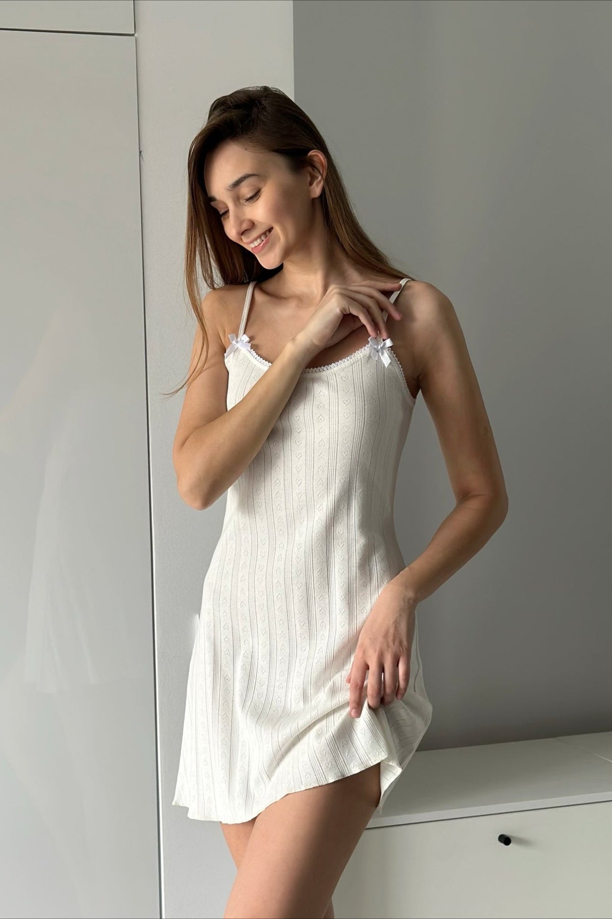Pointelle Knit Sweetheart Bow Cami Mini Dress